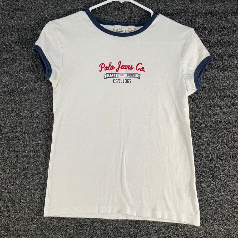 Polo Jeans Co Ringer T-Shirt Womens Medium White Good Vintage Graphic Tee